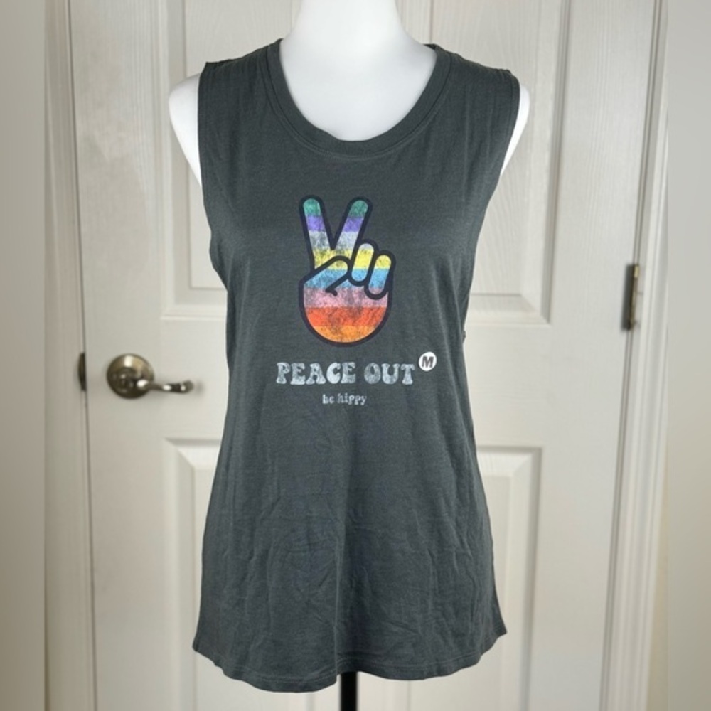 NEW Gray Peace Out Be Hippy Rainbow Graphic Tank stop Medium - Picture 2 of 8